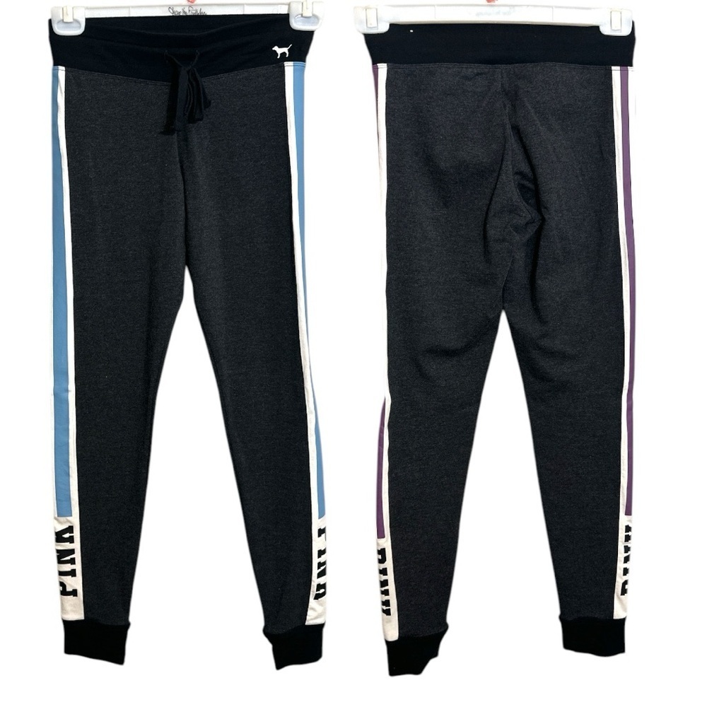 PINK Victoria's Secret Gray and Blue Leggings with Sporty Stripes